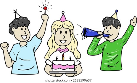 Children Celebrating Birthday with Cake and Party Noises