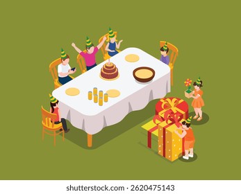 children celebrating a birthday party around a table with a cake, gifts, and festive decorations 3d isometric illustration