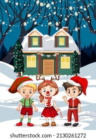 Children celebrating Christmas in front of winter house illustration