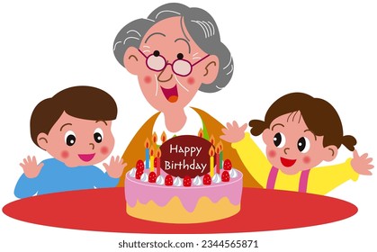 Children celebrating grandma's birthday with birthday cake