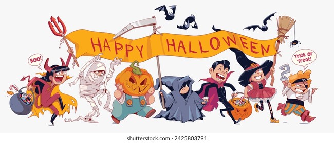 Children celebrating Halloween dressed in a variety of Halloween costumes. Trick or Treat. Colorful cartoon character. Funny vector illustration. Isolated white background