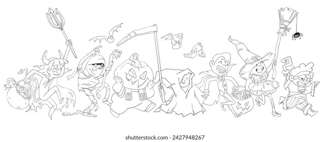 Children celebrating Halloween dressed in a variety of Halloween costumes. Trick or Treat. Black and white cartoon character. Funny vector illustration. Coloring book. Isolated white background