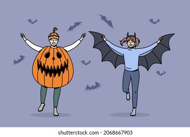 Children celebrating Halloween holiday concept. Two smiling happy children boy and girl wearing spooky halloween costumes celebrating holiday vector illustration 