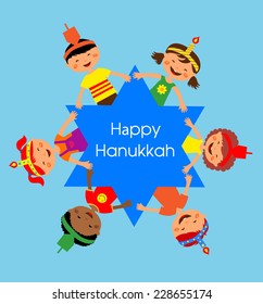 children celebrating Hanukkah and holding hands ,  Jewish holiday.