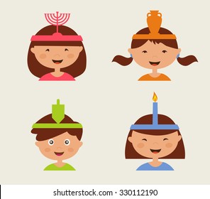 children celebrating Hanukkah . illustrated kids isolated n bright background