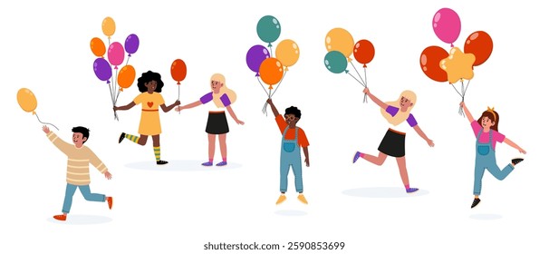 Children celebrating joyfully with colorful balloons at a festive outdoor gathering