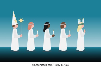 Children celebrating Lucia. An old swedish tradition the 13th of December, vector illustration.