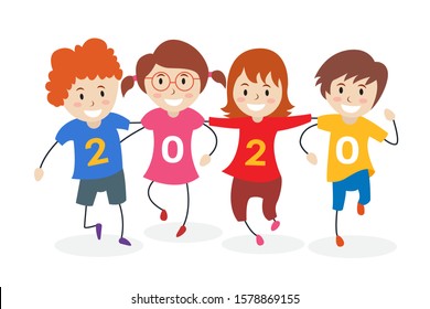 children are celebrating the new year 2020 for web landing page, animation, drawing book cover, wallpaper, background, art book illustration,banner and your concept. Trendy design vector illustration