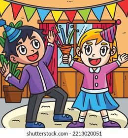 Children Celebrating New Year Colored Cartoon 