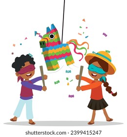 Children celebrating Posada by breaking a traditional donkey shaped Pinata. Flat vector cartoon illustration isolated on white background.