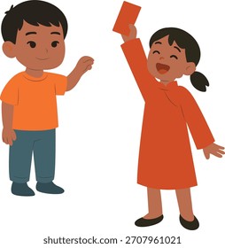 Crianças comemorando com envelope vermelho, um menino e uma menina estão comemorando. A menina está segurando um envelope vermelho.