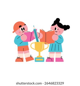 Children celebrating their reading success with a trophy