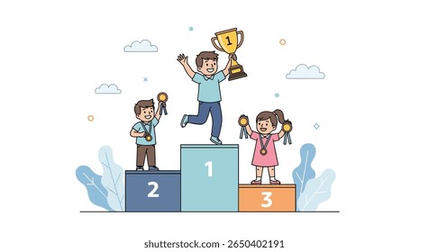 Children celebrating victory on podium with trophy and medals winning first second third place