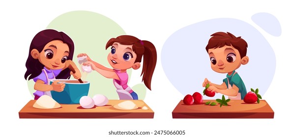 Children character cook cute cartoon illustration. Girl baker on workshop together. Isolated boy with strawberry for home culinary education banner. Happy kids with wood board and apron clipart design