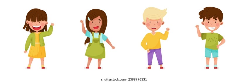 Children Character Greeting Waving Hand and Smiling Vector Set