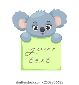 Сute children character Koala holding sticky note. Kids notebook page template, frame for photo, label, memo planner, gift tags, cards.