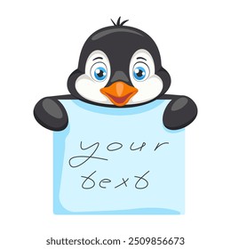 Сute children character Penguin holding sticky note. Kids notebook page template, frame for photo, label, memo planner, gift tags, cards.