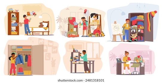 Children Character Tidying And Organizing Their Rooms. Cartoon Image Shows Kids Cleaning Up, Arranging Clothes, Toys And Books, Highlighting Responsibility, Cleanliness, Teamwork. Vector Illustration