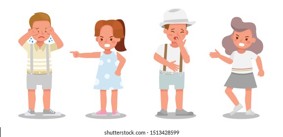 Children character vector design. Presentation in various action with emotions, angry and sad.