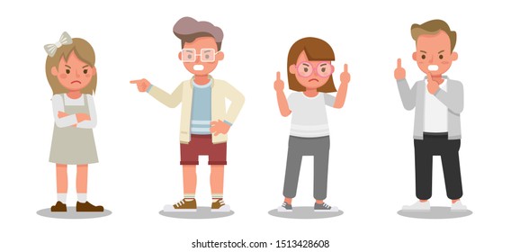 Children character vector design. Presentation in various action with emotions, angry and sad.