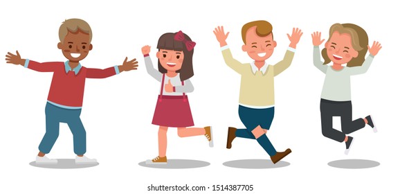 Children character vector design. Presentation in various action with emotions feeling happy.