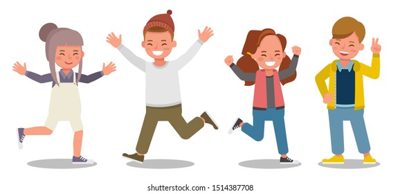 Children character vector design. Presentation in various action with emotions feeling happy.