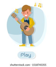 Children character vector design. Presentation in various action with emotions and play guitar.