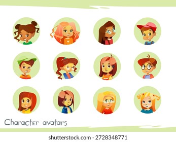 Kinder Zeichen Avatare Vektorgrafik für Social-Network-Chat-Benutzerprofil oder Blog-Konto. Vektorgrafik einzeln Cartoon Runde Avatar Ikonen von jungen Jungen in Mütze und Mädchen Kind in Brille und Haarschnitt