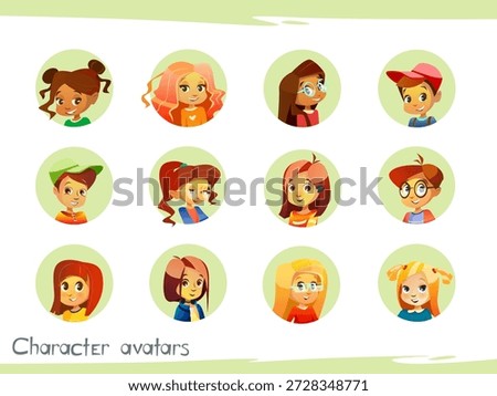 Children characters avatars vector illustration for social network chat user profile or blog account. Vector isolated cartoon round avatar icons of young boy in cap and girl kid in glasses and haircut