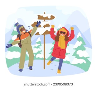 Children Characters Bundled In Warm Clothes Explore A Snowy Forest, Their Rosy Cheeks And Bright Eyes Filled With Wonder As They Trek Through The Winter Wonderland. Cartoon People Vector Illustration