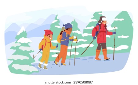 Children Characters Bundled In Warm Clothes Explore A Snowy Forest, Their Rosy Cheeks And Bright Eyes Filled With Wonder As They Trek Through The Winter Wonderland. Cartoon People Vector Illustration