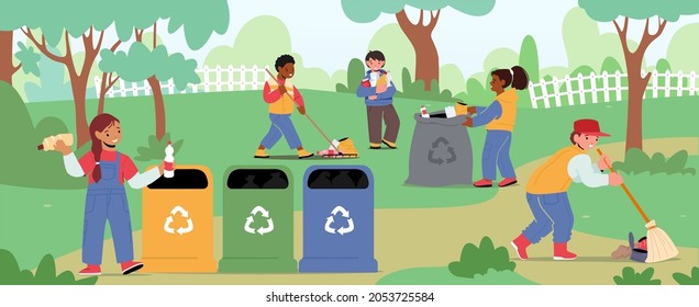 Children Characters Cleaning Garden. Ecology Protection, Social Charity Concept. Volunteers Cleaning Garbage In City Park Area. Volunteering Kids Collecting Trash. Cartoon People Vector Illustration