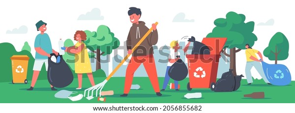 Children Characters Cleaning Garden, Garbage\
Recycling Concept. Ecology Protection, Social Charity Volunteers\
Cleaning City Park. Volunteering Kids Collecting Trash. Cartoon\
People Vector\
Illustration
