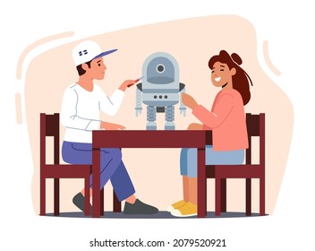 Children Characters Creating Ai Cyborg Using Different Tools, Presenting Humanoid Robot. Childhood Activity, Education, Innovation Concept. School Robotics Project. Cartoon Vector Illustration