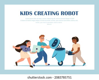 Children Characters Creating Ai Cyborg Using Different Tools, Presenting Humanoid Robot. Childhood Activity, Education, Innovation Concept. School Robotics Project. Cartoon Flat Vector Illustration