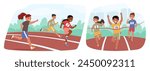 Children Characters Dash Across The Stadium Track, Their Laughter Echoing As They Race Towards The Finish Line, Fueled By Youthful Energy And Boundless Enthusiasm. Cartoon People Vector Illustration