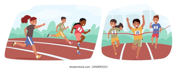 Children Characters Dash Across The Stadium Track, Their Laughter Echoing As They Race Towards The Finish Line, Fueled By Youthful Energy And Boundless Enthusiasm. Cartoon People Vector Illustration