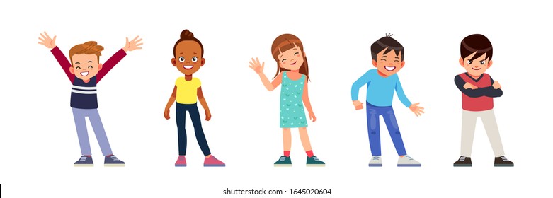 Children characters of different nationality. Happy multiracial diverse Kids Girls And Boys Group Small Cartoon Child Collection School Pupils Flat Vector Illustration isolated on white background.