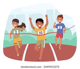 Children Characters Eagerly Dash Across The Stadium Track, Boy Crossing the Finish Line In A Thrilling Kids Racing Competition Filled With Joy And Youthful Energy. Cartoon People Vector Illustration