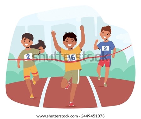 Children Characters Eagerly Dash Across The Stadium Track, Boy Crossing the Finish Line In A Thrilling Kids Racing Competition Filled With Joy And Youthful Energy. Cartoon People Vector Illustration