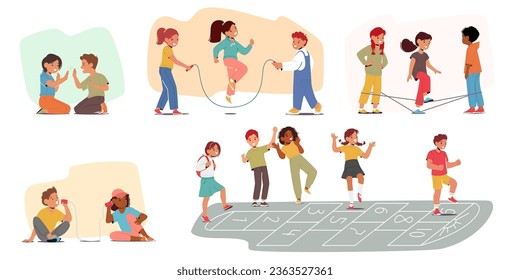 Children Characters Engage In Diverse Activities Such As Hopscotch, Gummitwist, Patty-cake, Rope Telephone on Playground, Fostering Social And Physical Development. Cartoon People Vector Illustration