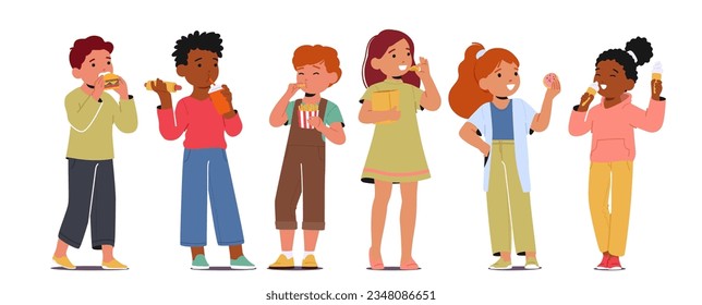 Children Characters Enjoying Fast Food, Savoring Burgers, Fries, And Sodas With Delight. Excitement Fills The Air As They Indulge In Their Favorite Treats. Cartoon People Vector Illustration