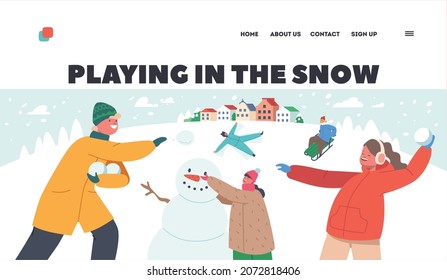 Children Characters Enjoying Snow Fun and Winter Holidays Landing Page Template. Happy Kids Making Snowman, Snowballs Battle between Friends Teams, Wintertime Fun. Cartoon People Vector Illustration