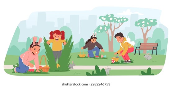 Children Characters Excitedly Search For Hidden Eggs In A Park With Lush Greenery, Enjoying A Festive And Playful Activity. Easter Event, Family Outdoor Activities. Cartoon People Vector Illustration