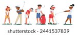 Children Characters With Focused Expressions, Swing Their Clubs Gently, Chasing The Elusive Hole-in-one On A Miniature Golf Course, Laughter Filling The Air. Cartoon People Vector Illustration