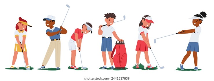 Children Characters With Focused Expressions, Swing Their Clubs Gently, Chasing The Elusive Hole-in-one On A Miniature Golf Course, Laughter Filling The Air. Cartoon People Vector Illustration