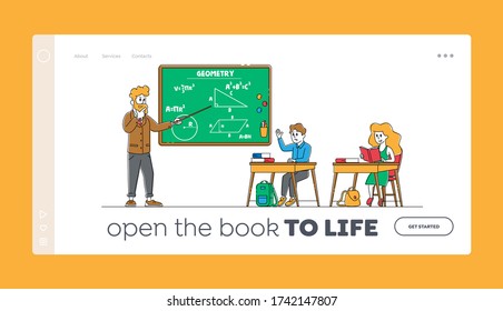Kindercharaktere erhalten Informationen und Vorlage für die Bildungs-Landing-Seite. Kinder sitzen am Schreibtisch im Klassenzimmer und lernen. Schoolboy im Unterricht Hand in Hand heben Linear People Vector Illustration