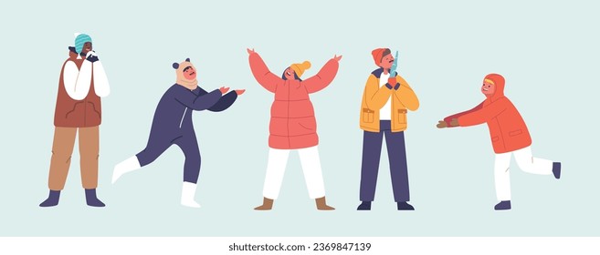 Children Characters Gleefully Devour Snowflakes, Their Laughter Echoing In The Crisp Winter Air As They Savor