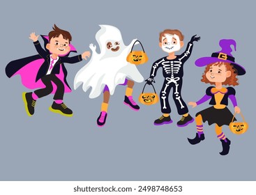 Personajes de niños en trajes de Halloween. Conjunto divertido de trajes de carnaval monstruo. Niños y niñas sonrientes. Fiesta de horror festivo. Bruja de fantasía, esqueleto, vampiro, fantasma. Ilustración plana de Vector