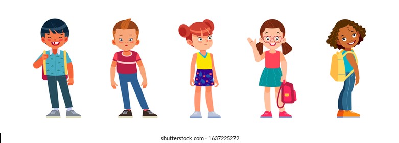 Children characters. Happy multiracial kids Girls And Boys Group Small Cartoon Pupils Collection School Students Flat Vector Illustration isolated on white background.